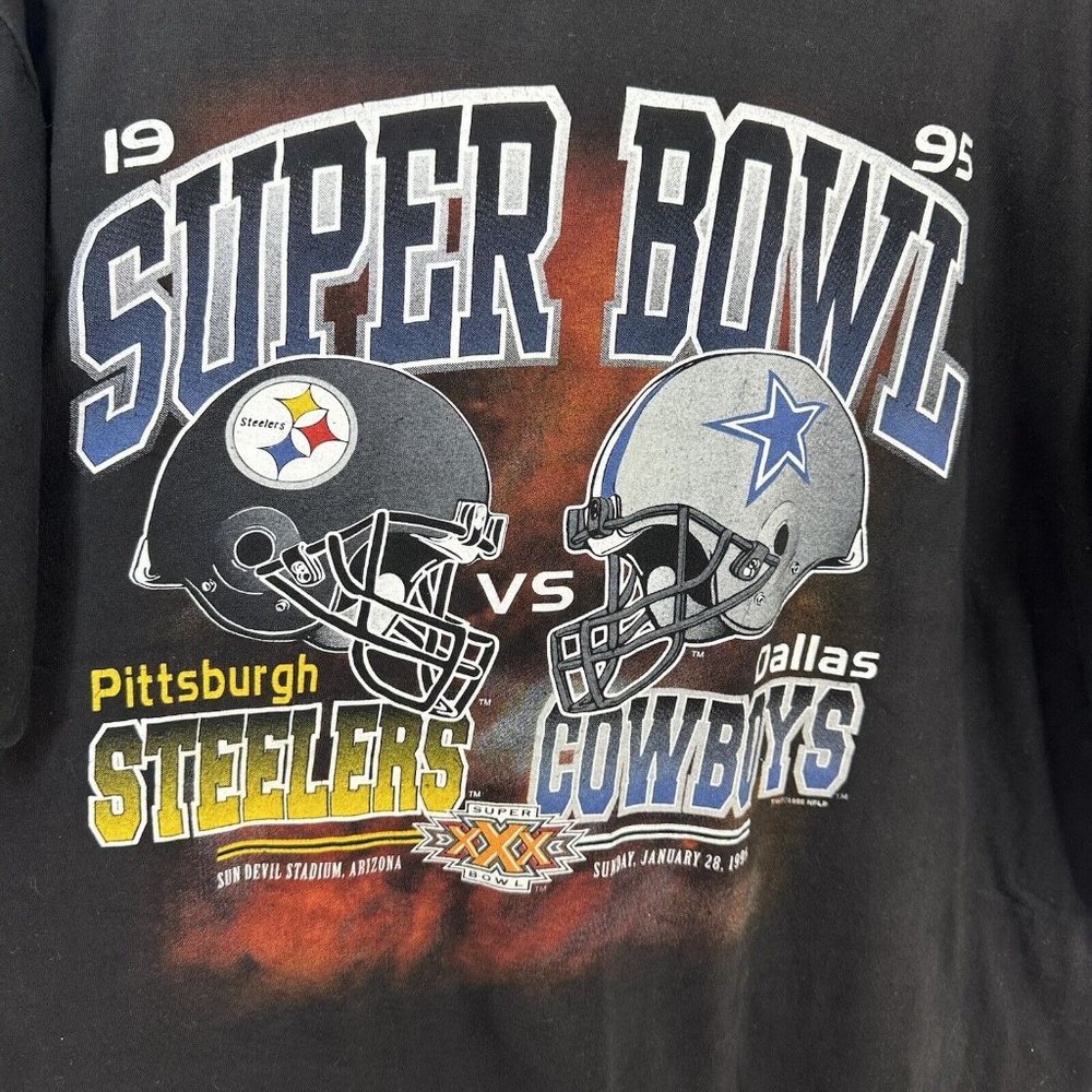 Vtg Super Bowl XXX 1995 Mens Graphic T-shirt Steelers vs Cowboys Black Arizona L
